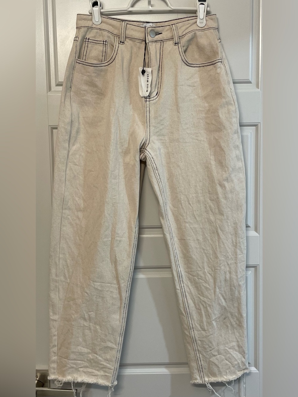 NWT Miou Muse HR Cropped Jeans in Beige With Raw Hem